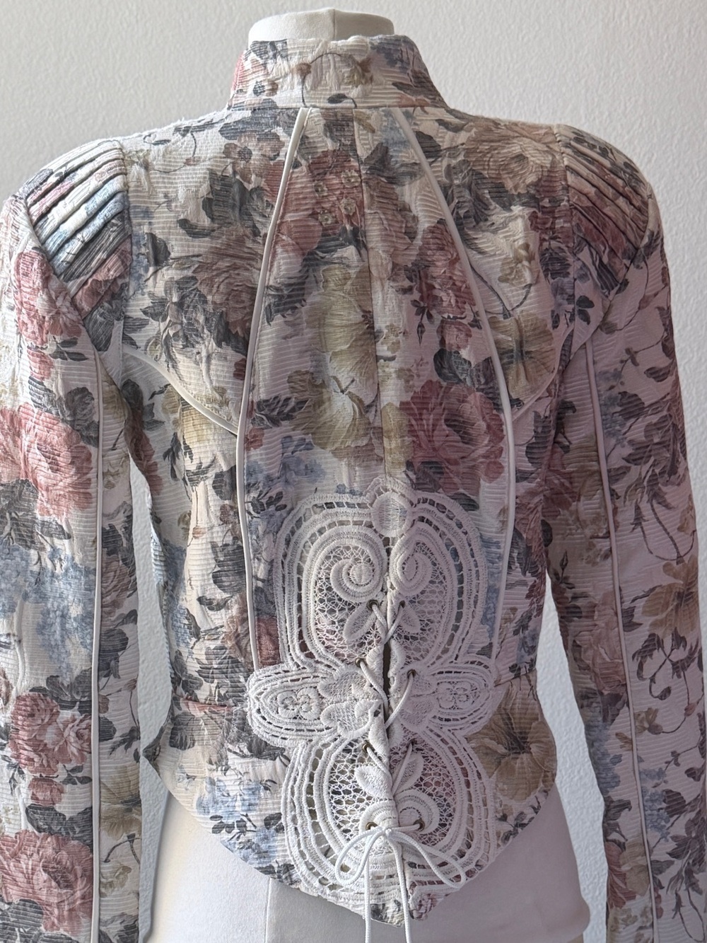 Vintage Tapestry Floral Lace Panel Zip Front Jacket — Cream, Blush & Sage - Picture 3 of 12